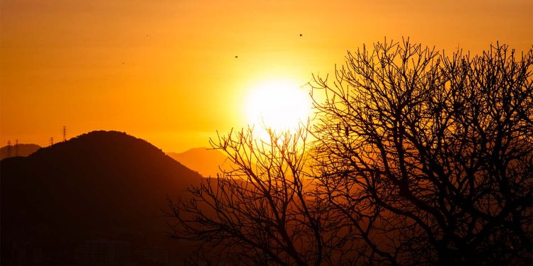 Pôr do sol, pássaros voando ao entardecer.